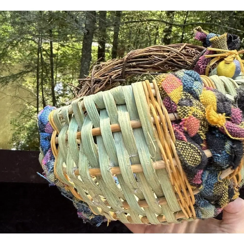 Vintage Woven African Egg Basket Super Colorful With Rag Bead Accents